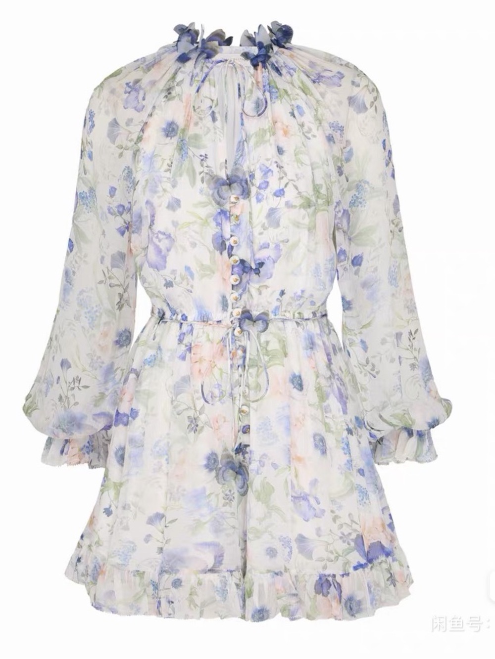 Zimmermann Pastel Floral Tie-Neck Romper in Light Blue and Cream